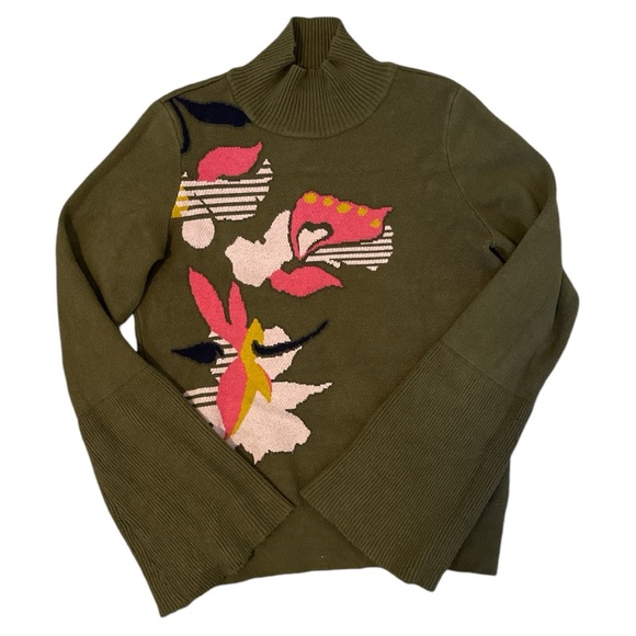 Anthropologie Knitted & Knotted Moss Green Bold Floral Print Bell Sleeve Sweater - Picture 2 of 6